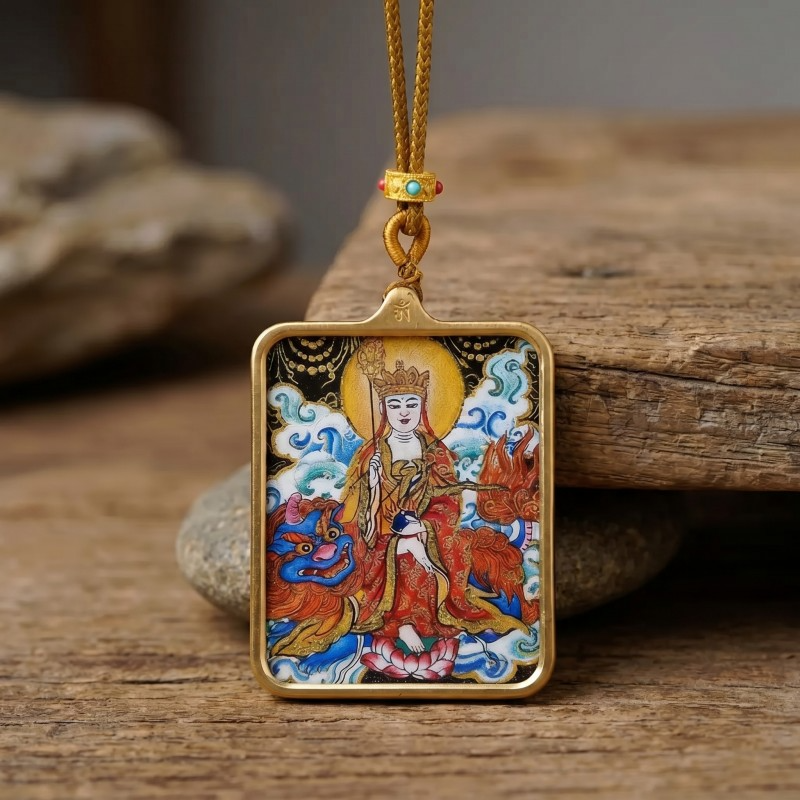 Ksitigarbha (Jizo) Hand-Painted Thangka Pendant | Bodhisattva of Compassion & Protection Amulet thumbnail