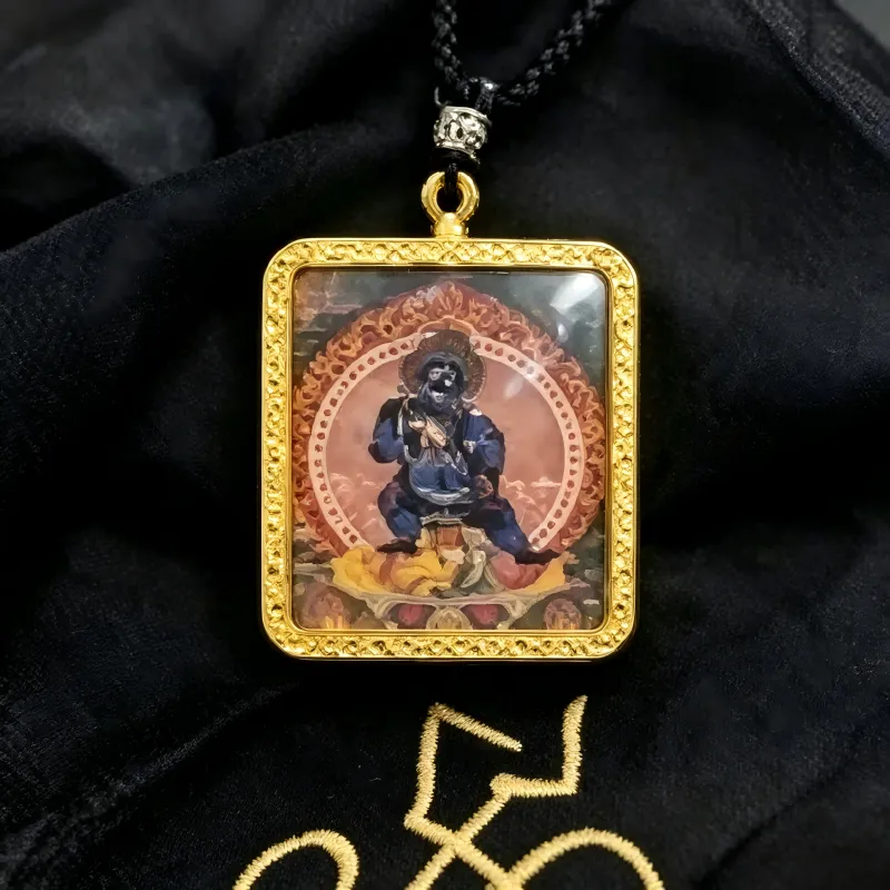 Mahakala Hand-Painted Thangka Pendant | Fierce Protector Deity Amulet Against Harm & Obstacles thumbnail