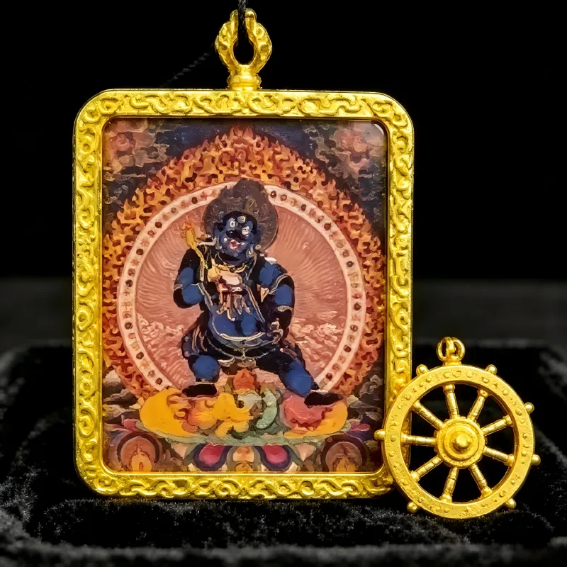 Mahakala Hand-Painted Thangka Pendant | Fierce Protector Deity Amulet Against Harm & Obstacles thumbnail