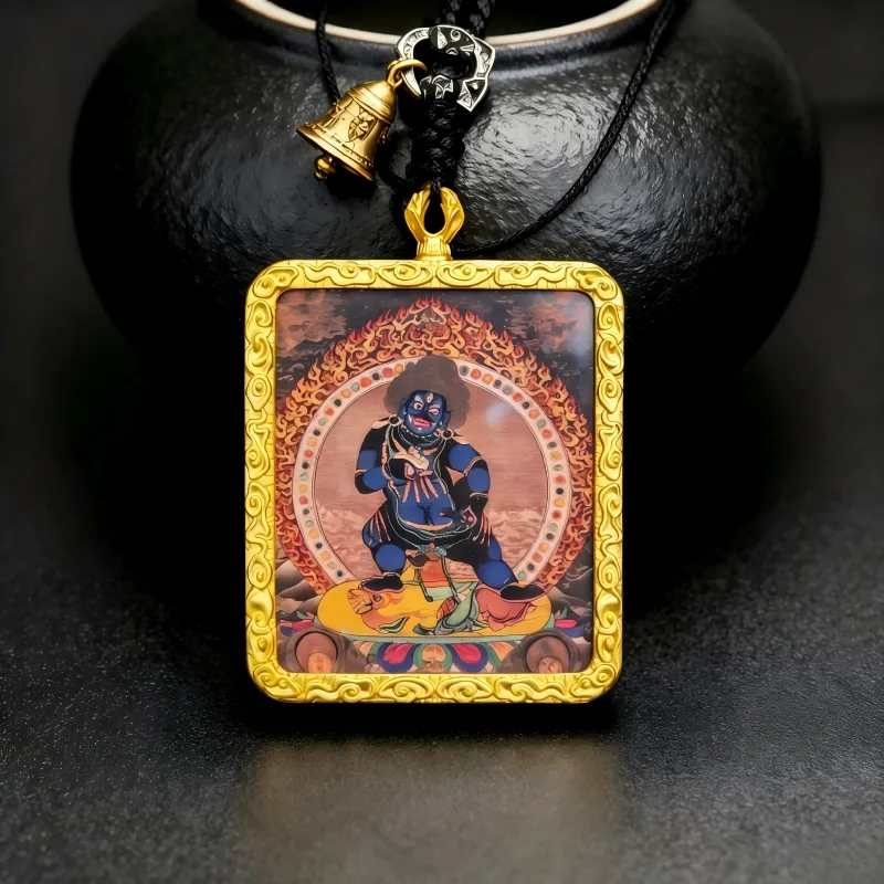 Mahakala Hand-Painted Thangka Pendant | Fierce Protector Deity Amulet Against Harm & Obstacles thumbnail