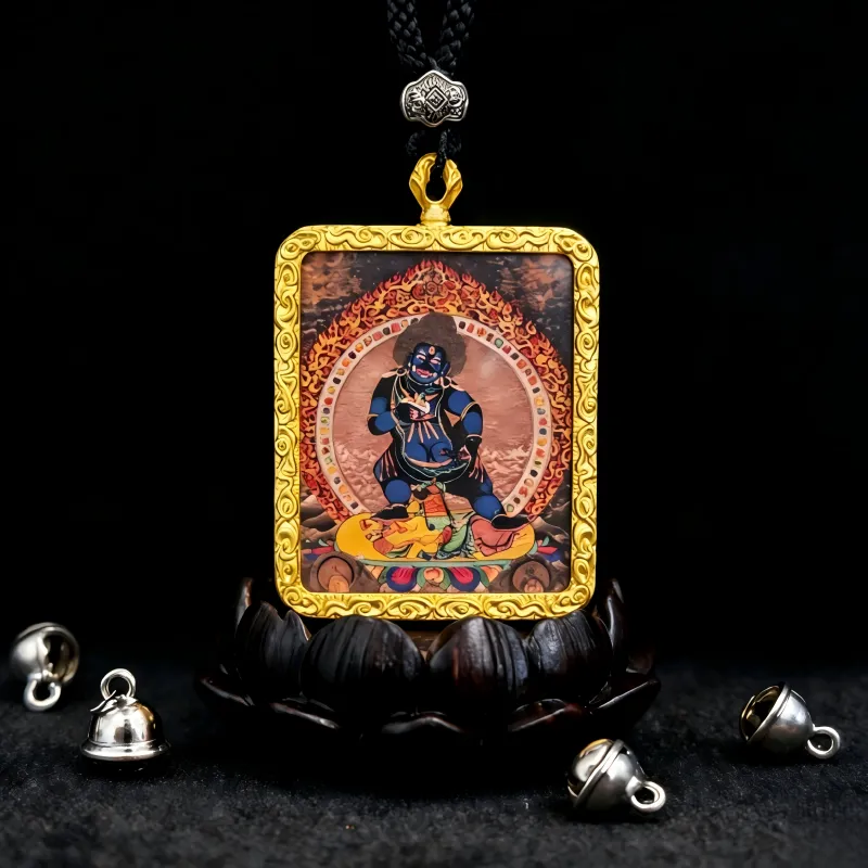Mahakala Hand-Painted Thangka Pendant | Fierce Protector Deity Amulet Against Harm & Obstacles thumbnail