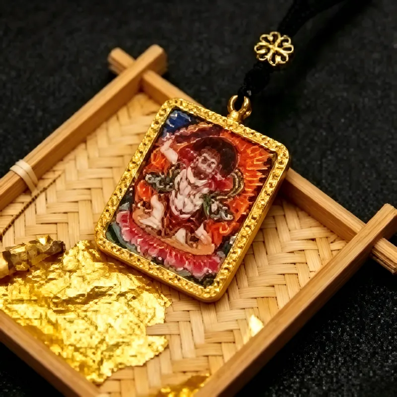 Mahakala Hand-Painted Thangka Pendant | Wrathful Dharma Protector Amulet for Obstacle Removal & Spiritual Protection thumbnail