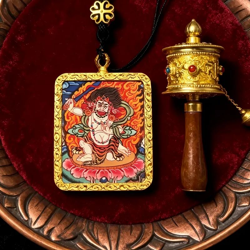 Mahakala Hand-Painted Thangka Pendant | Wrathful Dharma Protector Amulet for Obstacle Removal & Spiritual Protection thumbnail