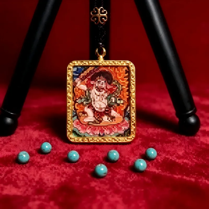Mahakala Hand-Painted Thangka Pendant | Wrathful Dharma Protector Amulet for Obstacle Removal & Spiritual Protection thumbnail