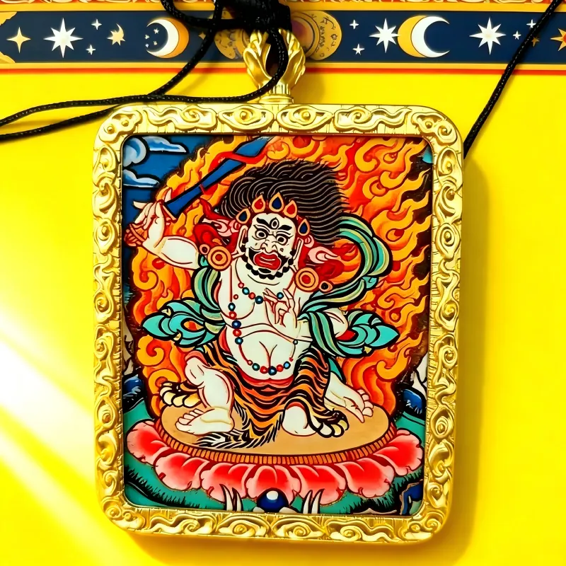 Mahakala Hand-Painted Thangka Pendant | Wrathful Dharma Protector Amulet for Obstacle Removal & Spiritual Protection thumbnail