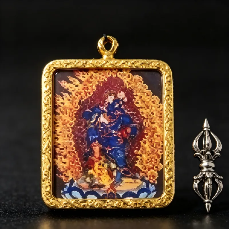 Mahakala Hand-Painted Thangka Pendant | Wrathful Protector & Wealth Guardian Amulet thumbnail