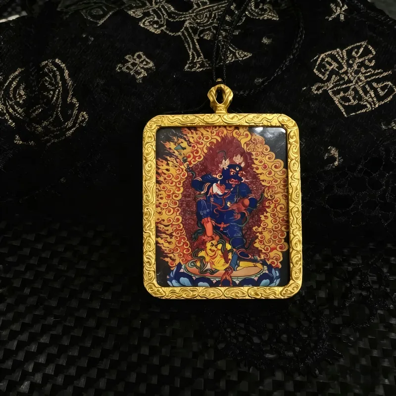 Mahakala Hand-Painted Thangka Pendant | Wrathful Protector & Wealth Guardian Amulet thumbnail
