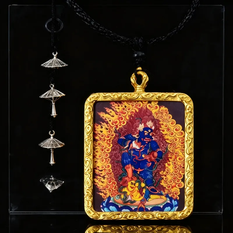 Mahakala Hand-Painted Thangka Pendant | Wrathful Protector & Wealth Guardian Amulet thumbnail