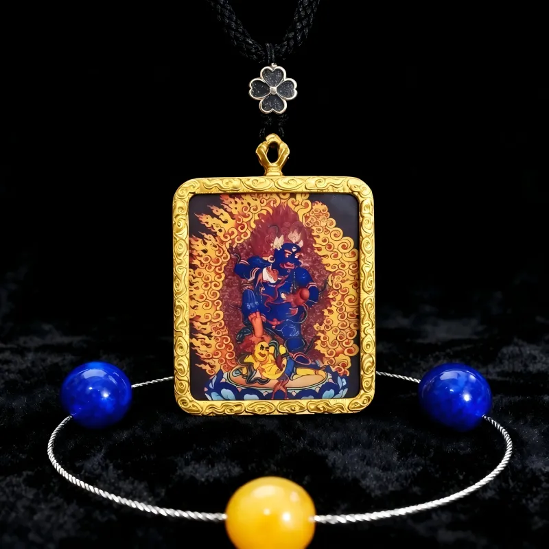 Mahakala Hand-Painted Thangka Pendant | Wrathful Protector & Wealth Guardian Amulet thumbnail