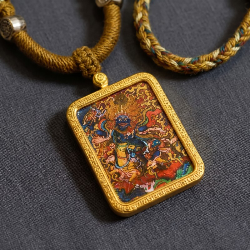 Mahasthamaprapta Bodhisattva Hand-Painted Thangka Pendant | Deity of Wisdom & Spiritual Power Amulet thumbnail