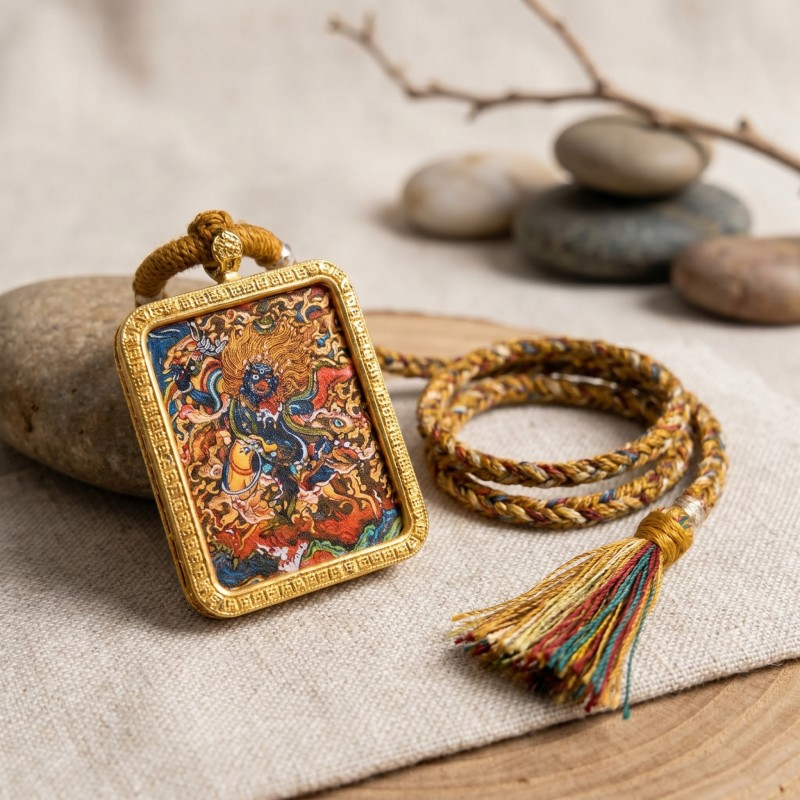 Mahasthamaprapta Bodhisattva Hand-Painted Thangka Pendant | Deity of Wisdom & Spiritual Power Amulet thumbnail