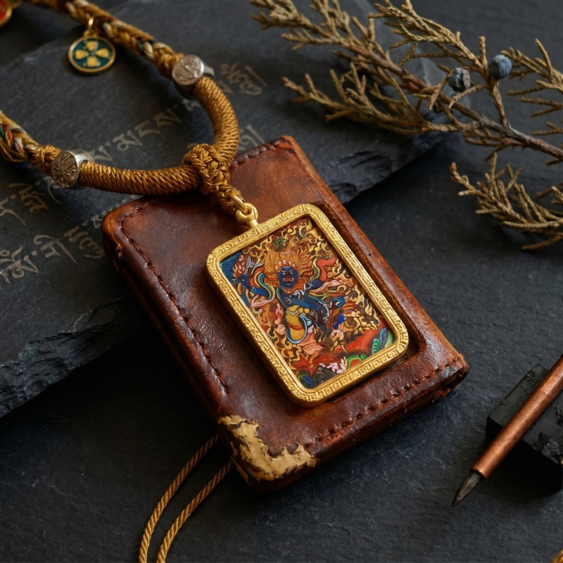 Mahasthamaprapta Bodhisattva Hand-Painted Thangka Pendant | Deity of Wisdom & Spiritual Power Amulet thumbnail