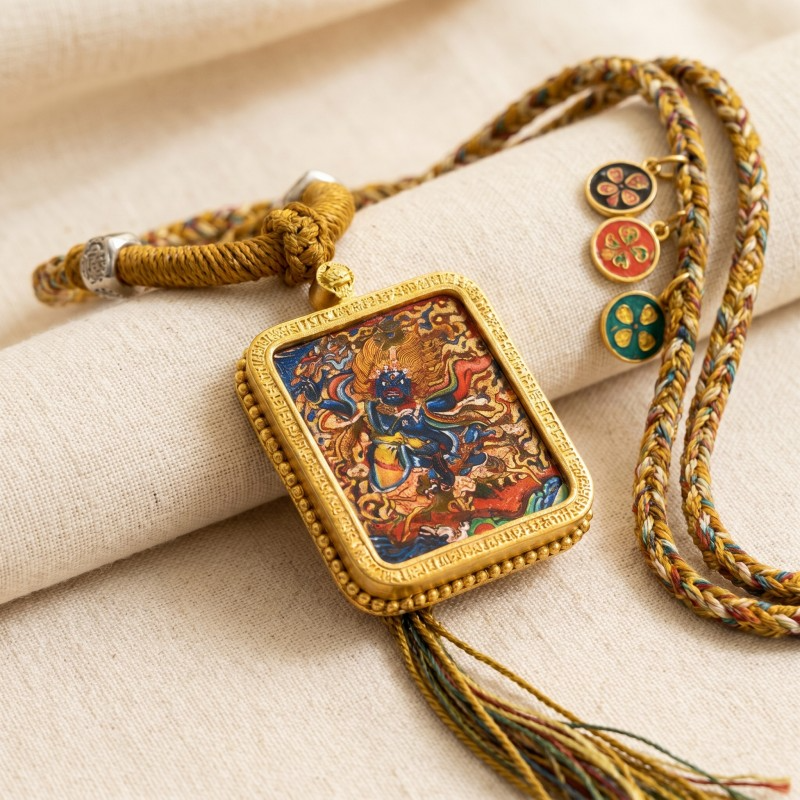 Mahasthamaprapta Bodhisattva Hand-Painted Thangka Pendant | Deity of Wisdom & Spiritual Power Amulet thumbnail