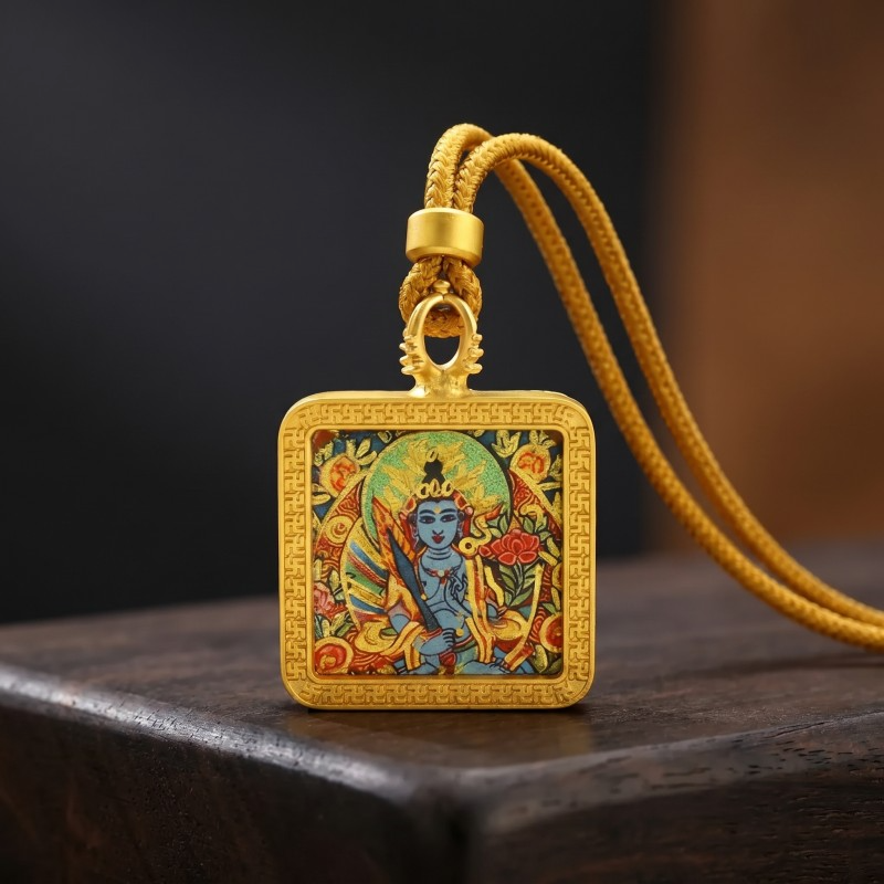 Manjushri (Blue Form) Hand-Painted Thangka Pendant | Bodhisattva of Wisdom & Clarity Amulet for Academic & Career Success thumbnail