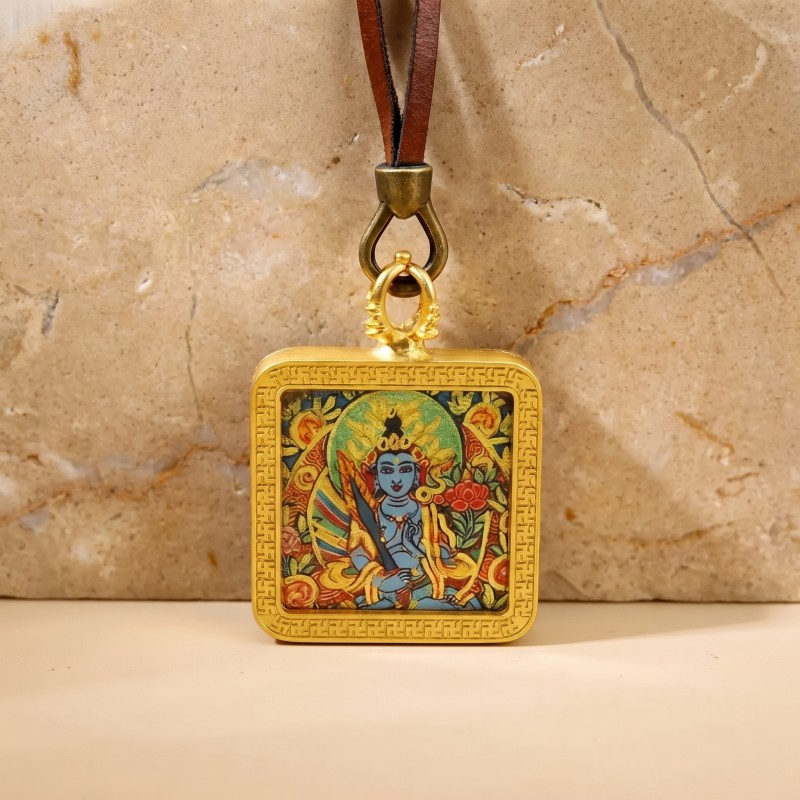 Manjushri (Blue Form) Hand-Painted Thangka Pendant | Bodhisattva of Wisdom & Clarity Amulet for Academic & Career Success thumbnail