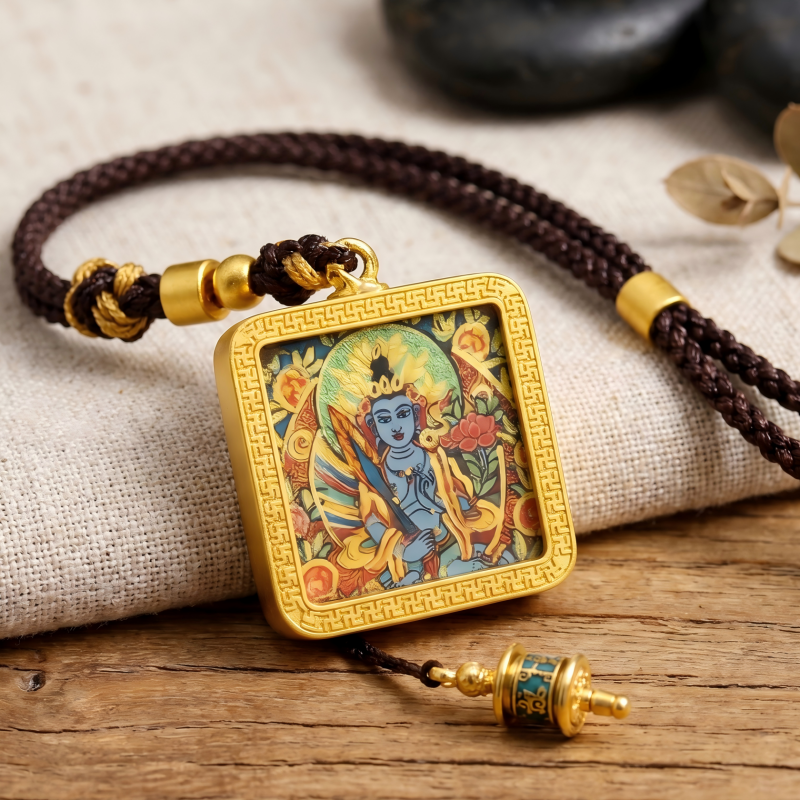 Manjushri (Blue Form) Hand-Painted Thangka Pendant | Bodhisattva of Wisdom & Clarity Amulet for Academic & Career Success thumbnail