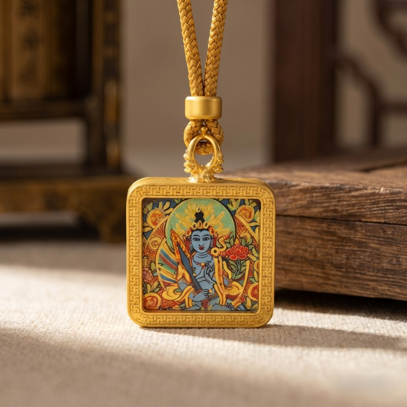 Manjushri (Blue Form) Hand-Painted Thangka Pendant | Bodhisattva of Wisdom & Clarity Amulet for Academic & Career Success thumbnail