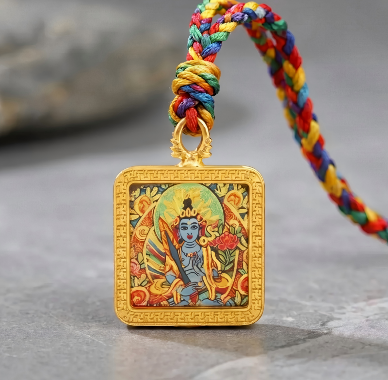 Manjushri (Blue Form) Hand-Painted Thangka Pendant | Bodhisattva of Wisdom & Clarity Amulet for Academic & Career Success thumbnail