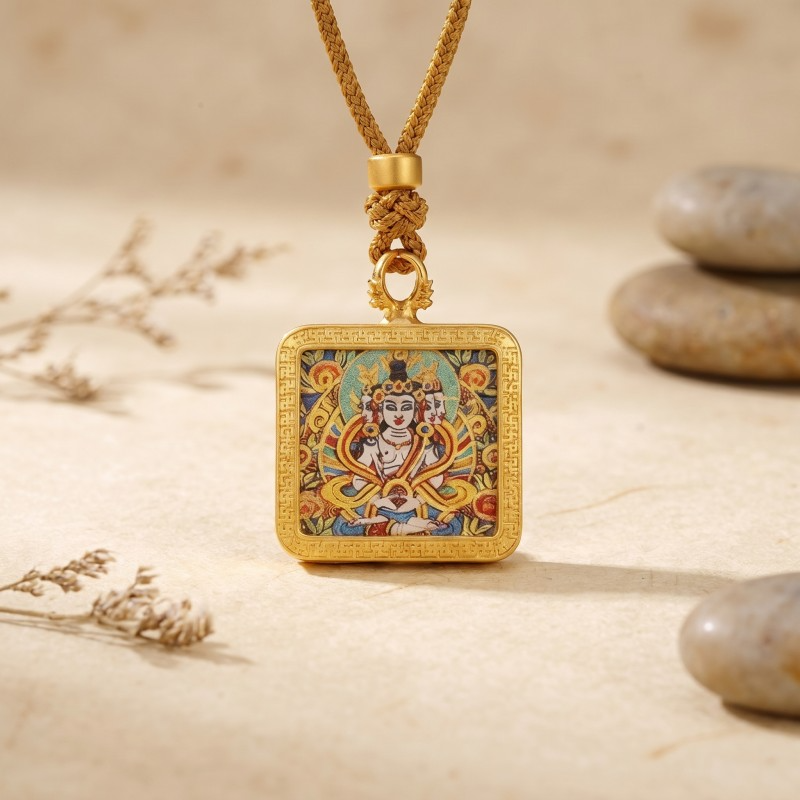 Manjushri Hand-Painted Thangka Pendant | Bodhisattva of Wisdom & Knowledge Amulet for Clarity & Academic Success thumbnail