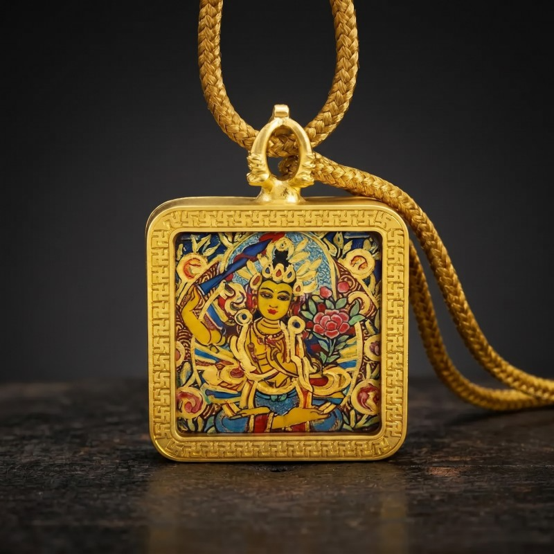 Manjushri Hand-Painted Thangka Pendant | Bodhisattva of Wisdom, Knowledge & Academic Success Amulet thumbnail
