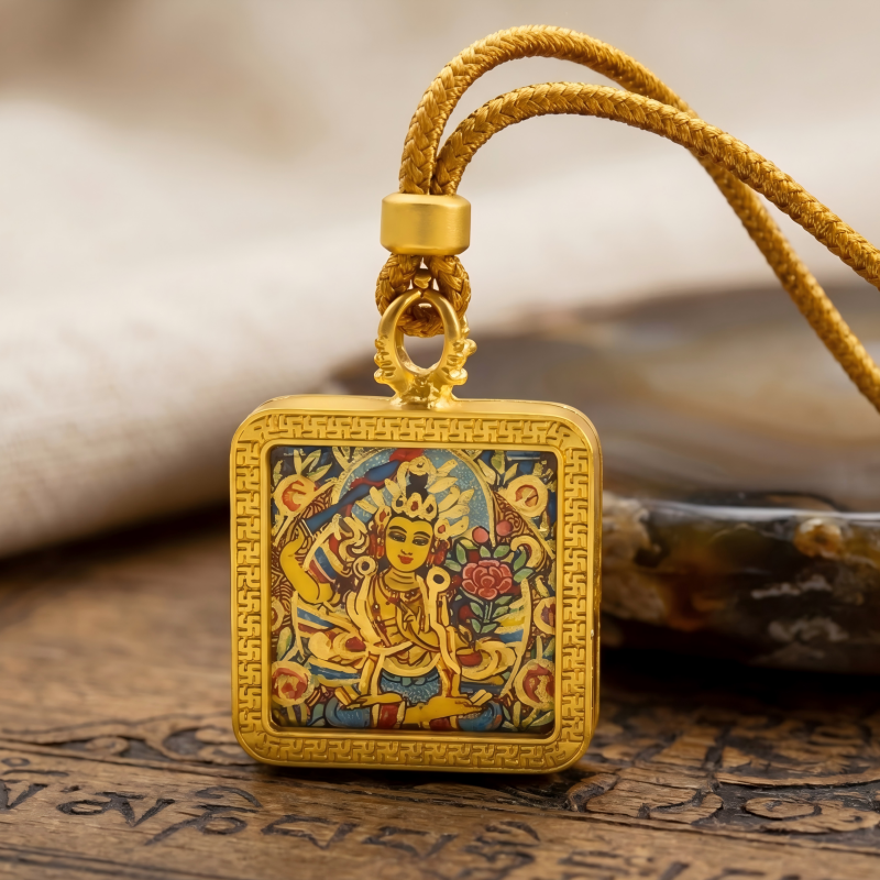 Manjushri Hand-Painted Thangka Pendant | Bodhisattva of Wisdom, Knowledge & Academic Success Amulet thumbnail