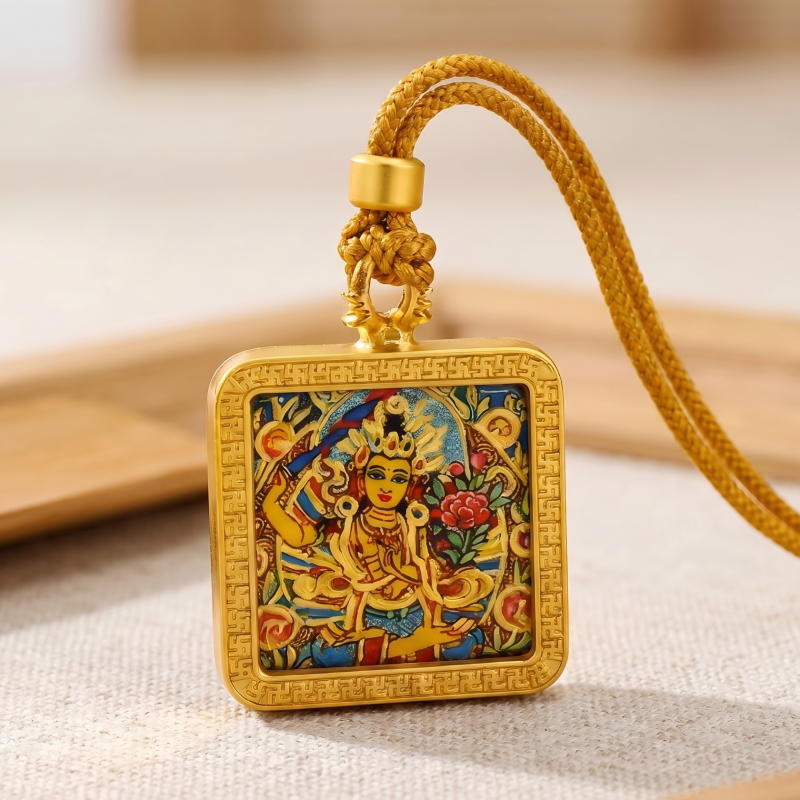 Manjushri Hand-Painted Thangka Pendant | Bodhisattva of Wisdom, Knowledge & Academic Success Amulet thumbnail