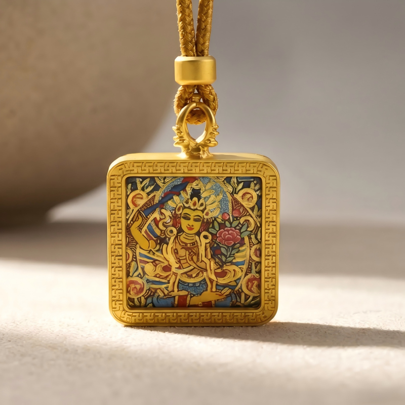 Manjushri Hand-Painted Thangka Pendant | Bodhisattva of Wisdom, Knowledge & Academic Success Amulet thumbnail