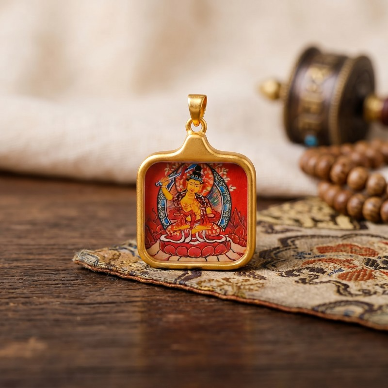 Manjushri Hand-Painted Thangka Pendant | Bodhisattva of Wisdom, Knowledge & Academic Success Amulet thumbnail