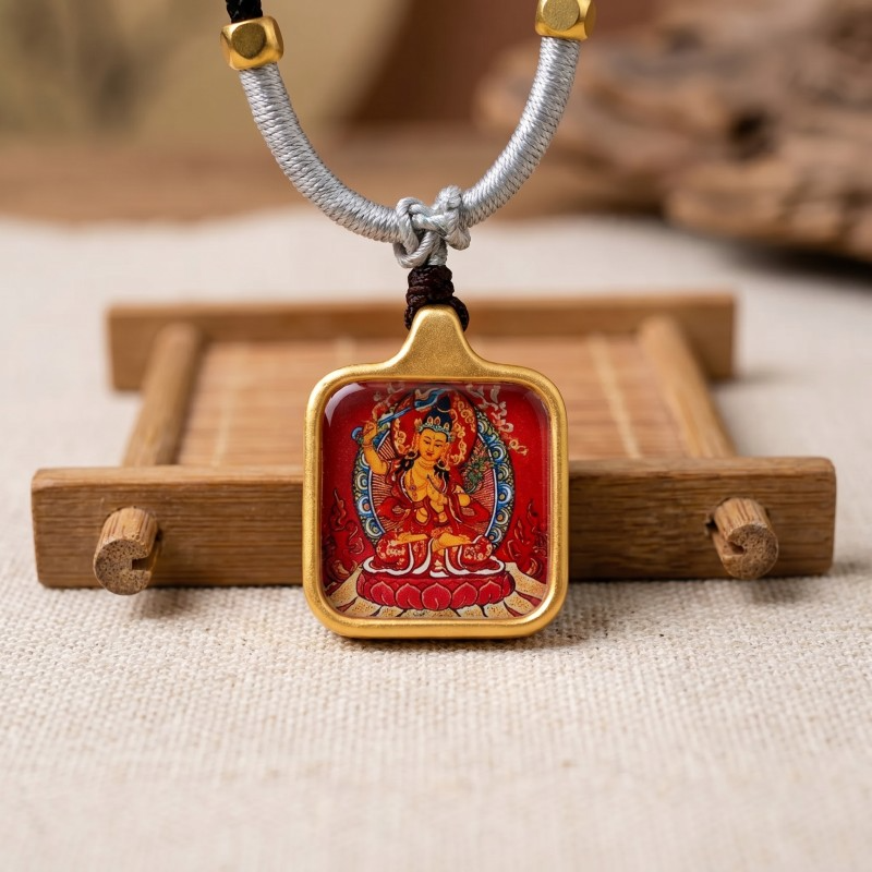 Manjushri Hand-Painted Thangka Pendant | Bodhisattva of Wisdom, Knowledge & Academic Success Amulet thumbnail