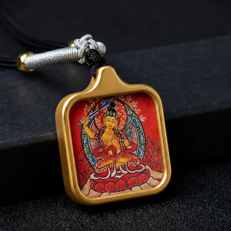Manjushri Hand-Painted Thangka Pendant | Bodhisattva of Wisdom, Knowledge & Academic Success Amulet thumbnail