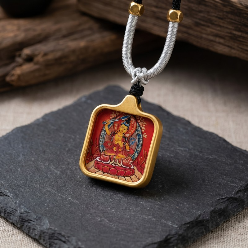 Manjushri Hand-Painted Thangka Pendant | Bodhisattva of Wisdom, Knowledge & Academic Success Amulet thumbnail