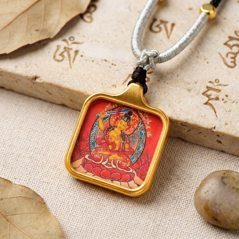 Manjushri Hand-Painted Thangka Pendant | Bodhisattva of Wisdom, Knowledge & Academic Success Amulet thumbnail