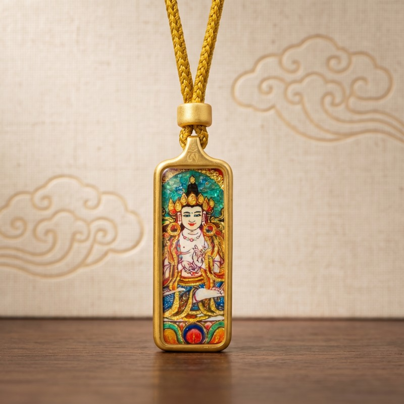 Manjushri (White Form) Hand-Painted Thangka Pendant | Bodhisattva of Wisdom & Clarity Amulet for Academic & Career Success thumbnail