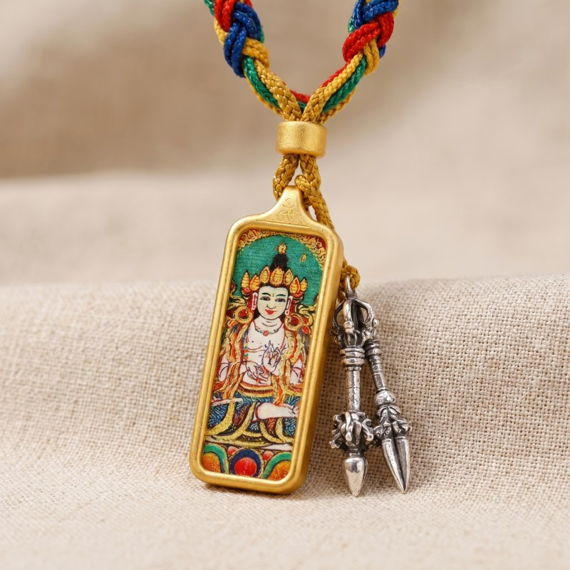 Manjushri (White Form) Hand-Painted Thangka Pendant | Bodhisattva of Wisdom & Clarity Amulet for Academic & Career Success thumbnail