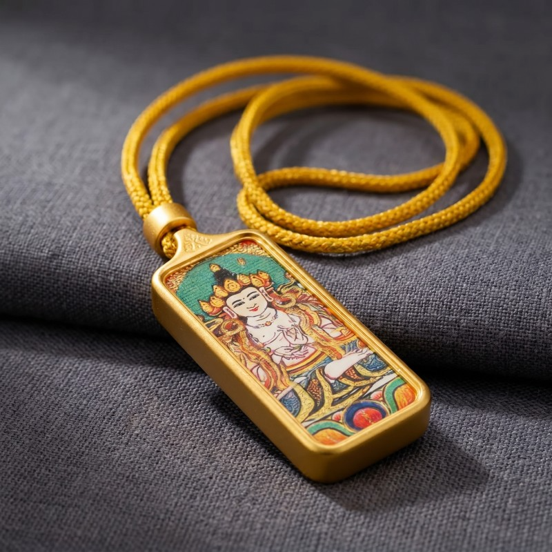Manjushri (White Form) Hand-Painted Thangka Pendant | Bodhisattva of Wisdom & Clarity Amulet for Academic & Career Success thumbnail