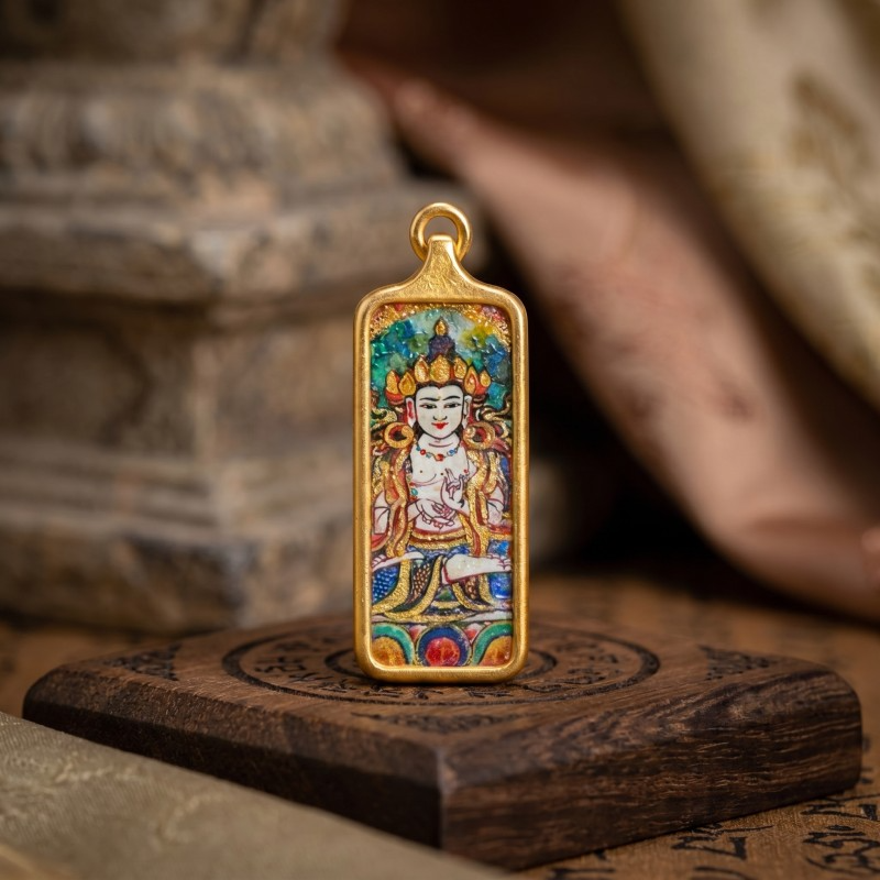 Manjushri (White Form) Hand-Painted Thangka Pendant | Bodhisattva of Wisdom & Clarity Amulet for Academic & Career Success thumbnail