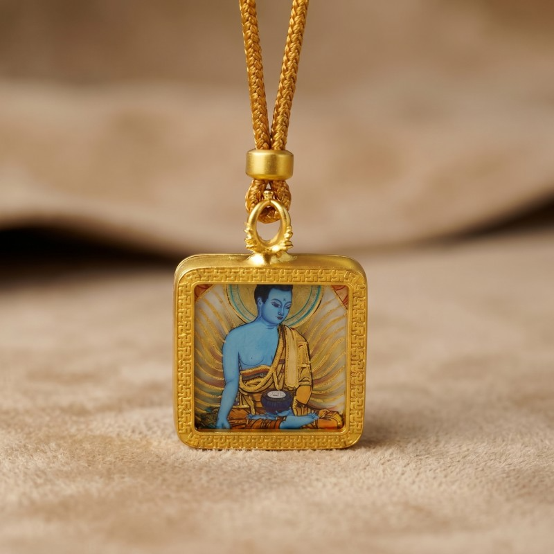 Medicine Buddha (Bhaiṣajyaguru) Hand-Painted Thangka Pendant | Healing & Good Health Amulet thumbnail
