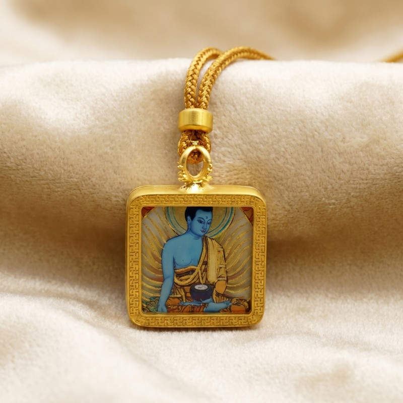Medicine Buddha (Bhaiṣajyaguru) Hand-Painted Thangka Pendant | Healing & Good Health Amulet thumbnail