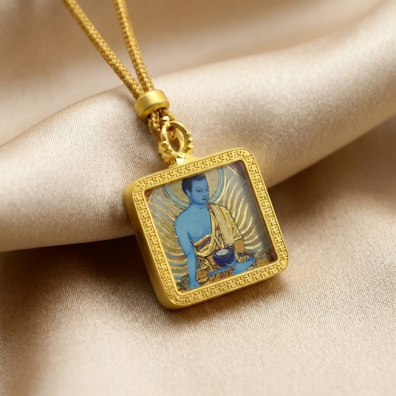 Medicine Buddha (Bhaiṣajyaguru) Hand-Painted Thangka Pendant | Healing & Good Health Amulet thumbnail