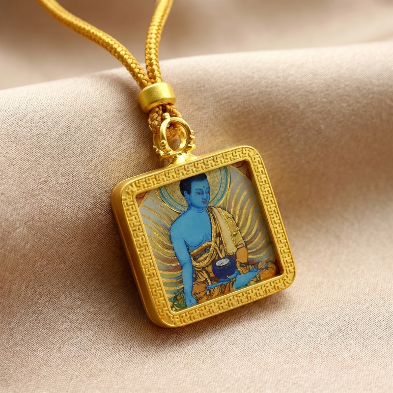 Medicine Buddha (Bhaiṣajyaguru) Hand-Painted Thangka Pendant | Healing & Good Health Amulet thumbnail