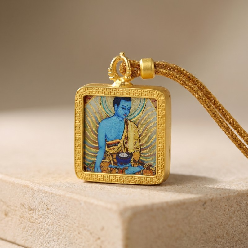 Medicine Buddha (Bhaiṣajyaguru) Hand-Painted Thangka Pendant | Healing & Good Health Amulet thumbnail