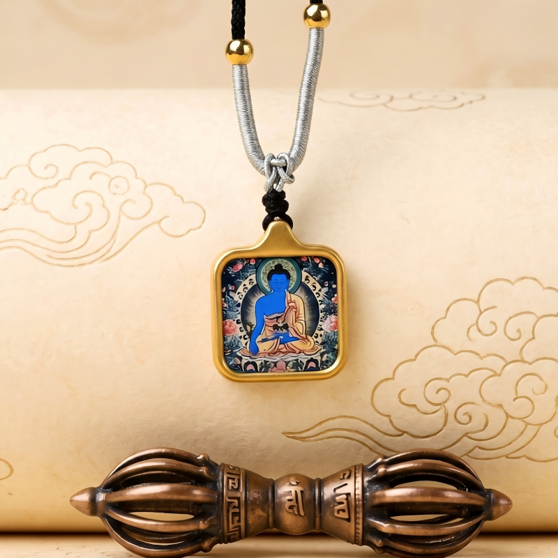 Medicine Buddha Hand-Painted Thangka Pendant | Deity of Healing, Good Health & Well-Being Amulet thumbnail