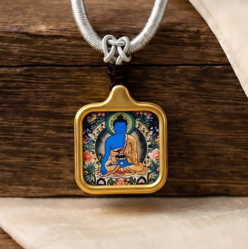 Medicine Buddha Hand-Painted Thangka Pendant | Deity of Healing, Good Health & Well-Being Amulet thumbnail