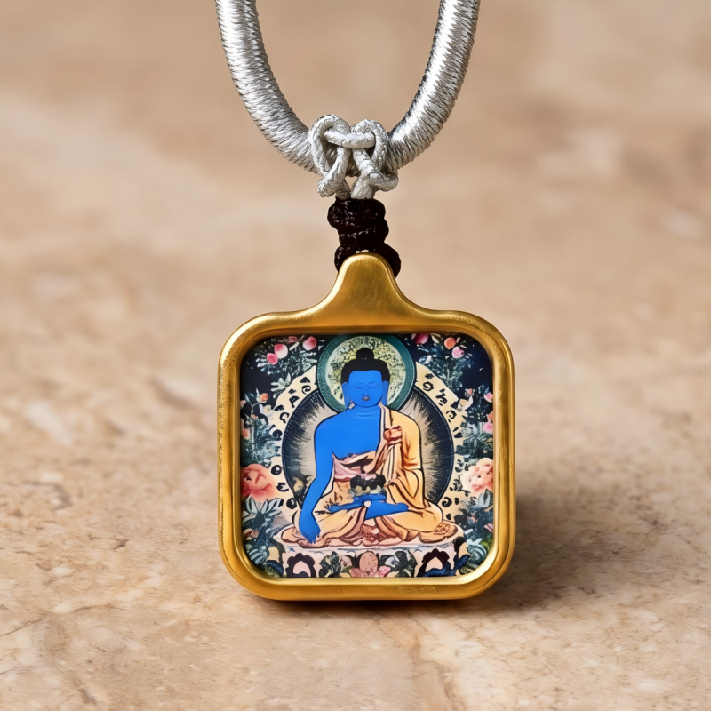 Medicine Buddha Hand-Painted Thangka Pendant | Deity of Healing, Good Health & Well-Being Amulet thumbnail
