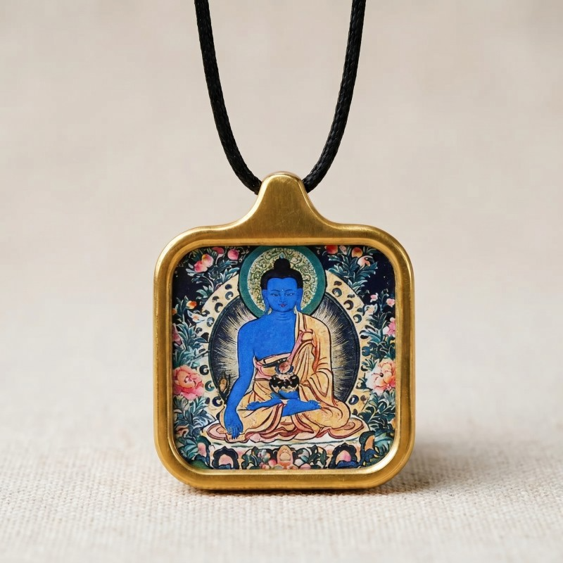 Medicine Buddha Hand-Painted Thangka Pendant | Deity of Healing, Good Health & Well-Being Amulet thumbnail