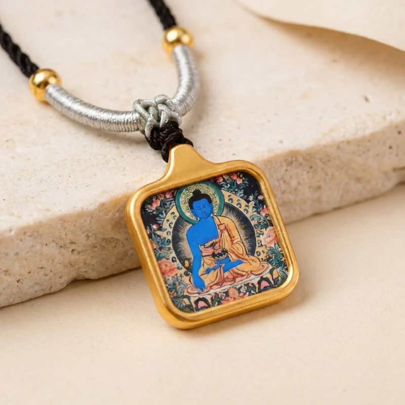 Medicine Buddha Hand-Painted Thangka Pendant | Deity of Healing, Good Health & Well-Being Amulet thumbnail