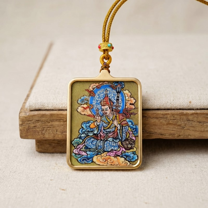 Padmasambhava (Guru Rinpoche) Hand-Painted Thangka Pendant | Amulet of Protection, Transformation & Spiritual Guidance thumbnail