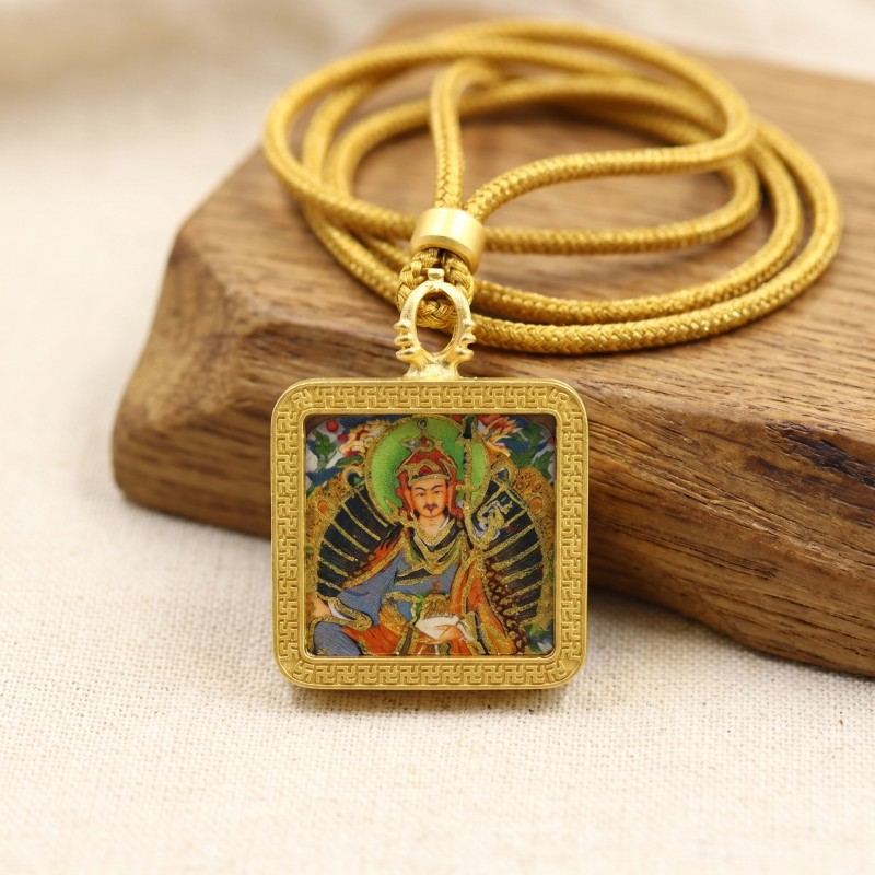 Padmasambhava (Guru Rinpoche) Hand-Painted Thangka Pendant | Buddhist Master Amulet for Protection & Spiritual Guidance thumbnail