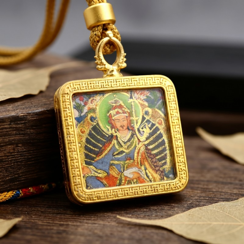 Padmasambhava (Guru Rinpoche) Hand-Painted Thangka Pendant | Buddhist Master Amulet for Protection & Spiritual Guidance thumbnail