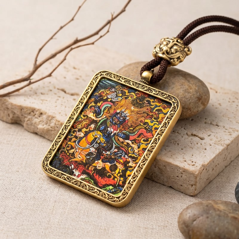 Palden Lhamo (Auspicious Goddess) Hand-Painted Thangka Pendant | Protector of the Dharma Amulet thumbnail